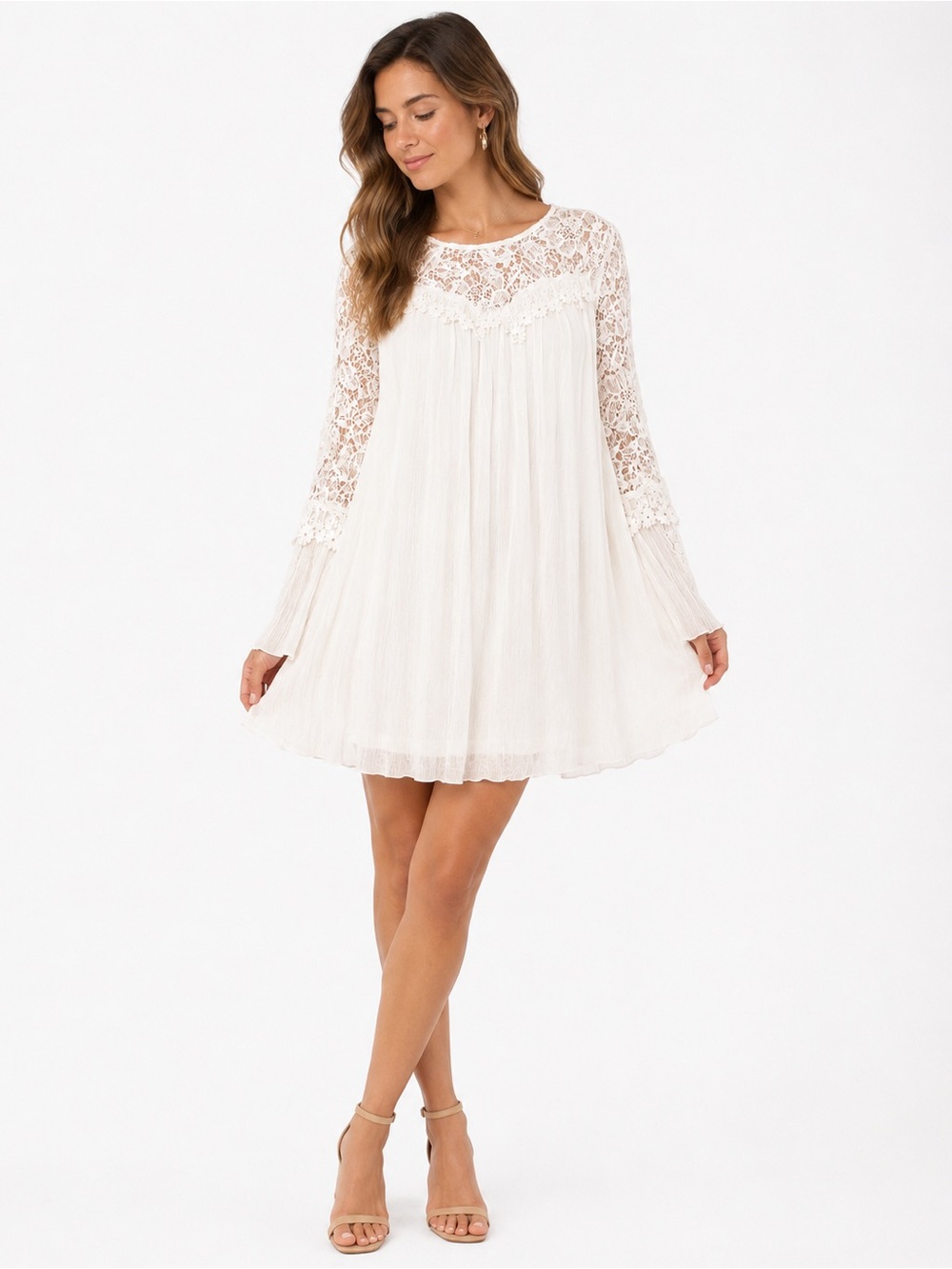 J Gee White Lace Bell Sleeve Boho Dress Size L